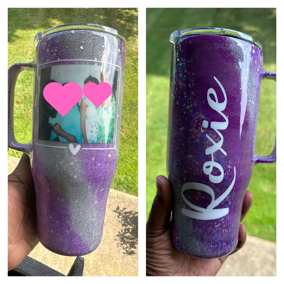 Purple and Silver Glittered Stainless Steel Tumbler With Photo 24 oz