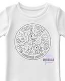 White t-shirt with a dinosaur-themed graphic and text on a white background