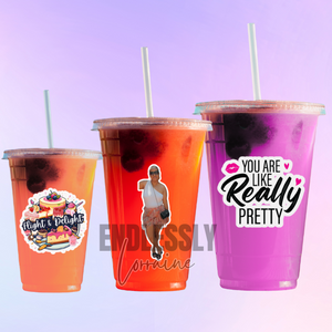 12 Clear Party Cups With Lid, Straw & Labels
